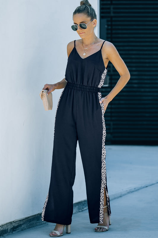 Leopard Contrast Spaghetti Strap Jumpsuit - Whiicka