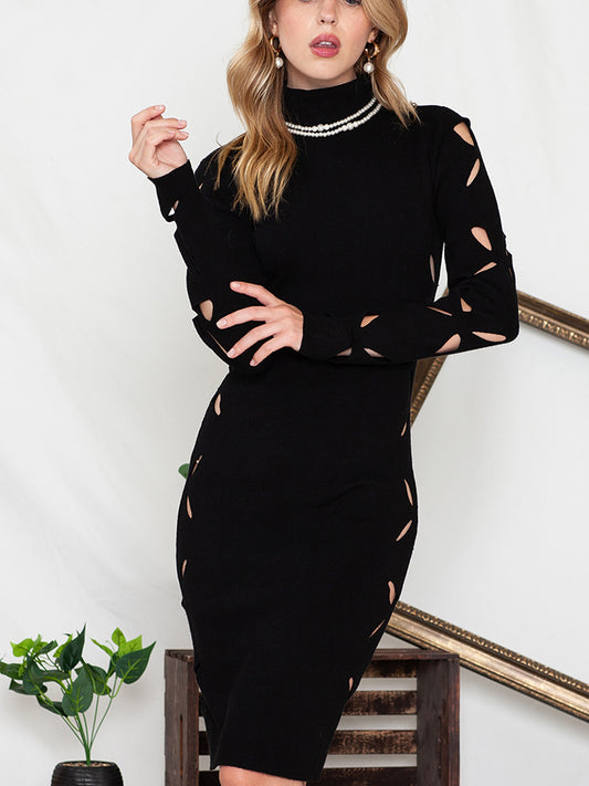 Turtle Neck Cutout Long Sleeve Dress - Whiicka