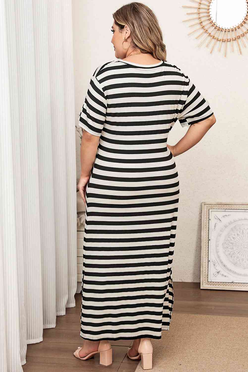 Plus Size V-Neck Side Slit Stripped Dress