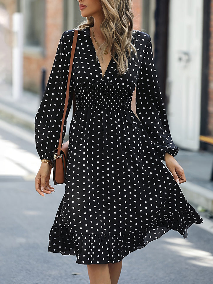 Polka Dot V-Neck Ruffle Hem Dress - Whiicka