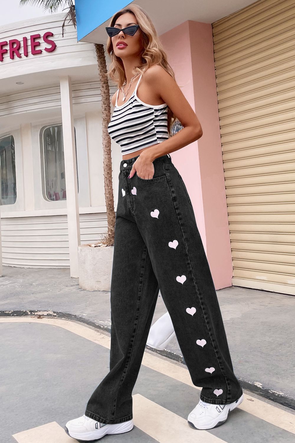 Heart Print Buttoned Jeans - Whiicka