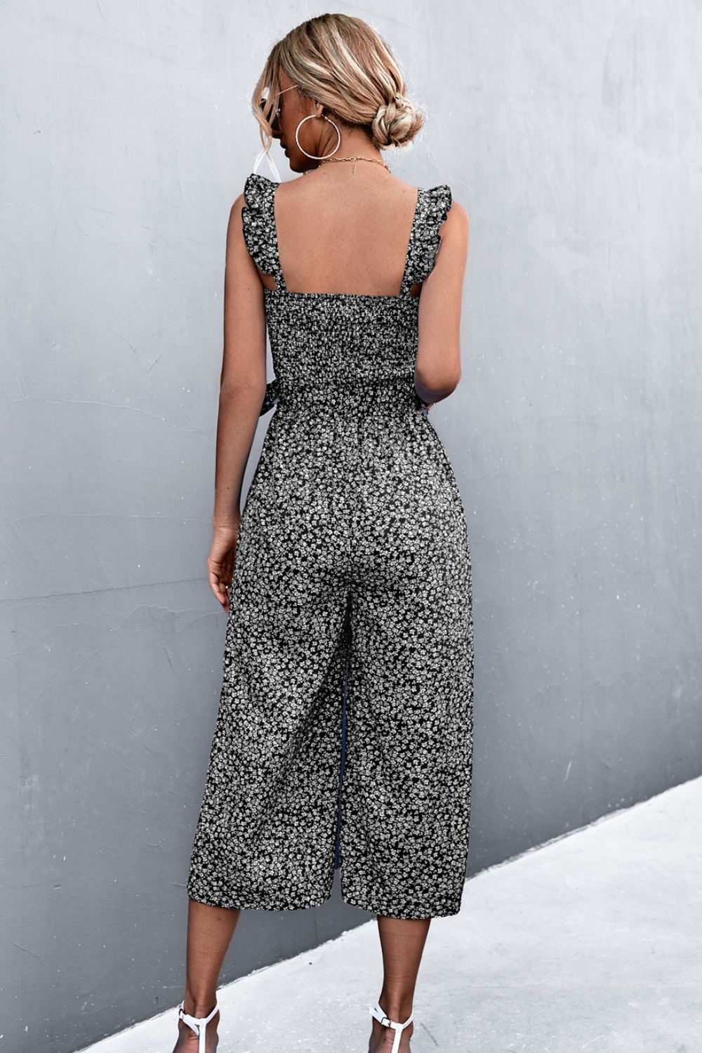 Printed Ruffle Strap Smocked Belted Jumpsuit - Whiicka