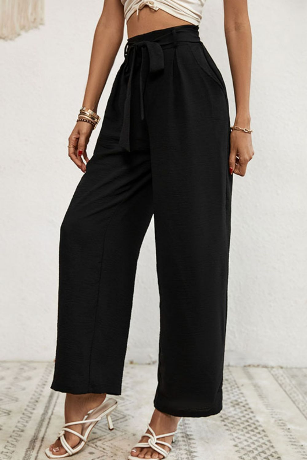 Belted Pleated Waist Wide Leg Pants - Whiicka