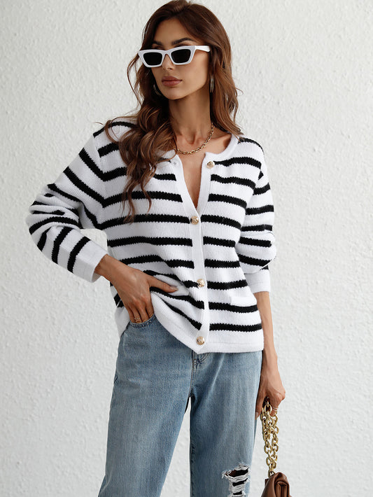 Striped Button Front Cardigan - Whiicka