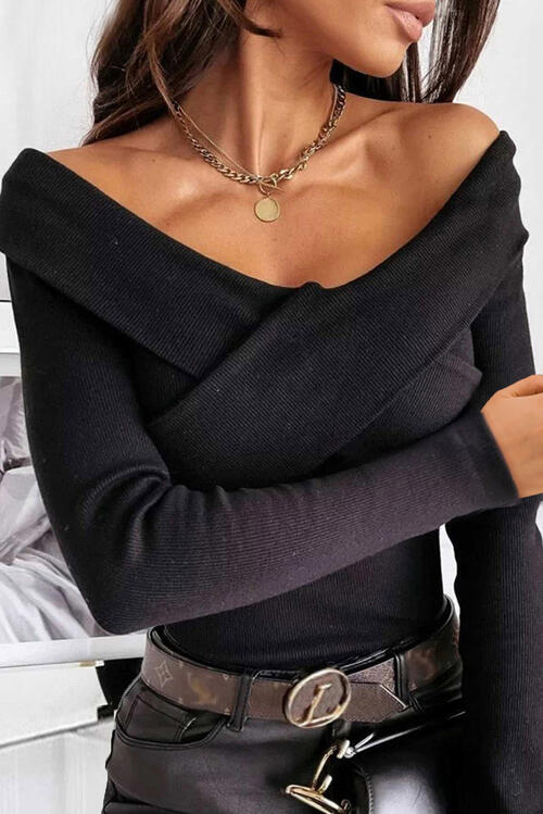 Ribbed Crisscross Long Sleeve Knit Top - Whiicka