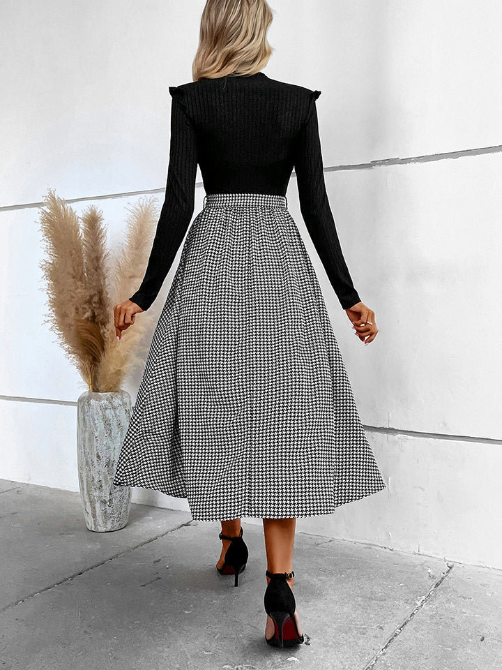 Ribbed Houndstooth Tie Waist Midi Dress - Whiicka