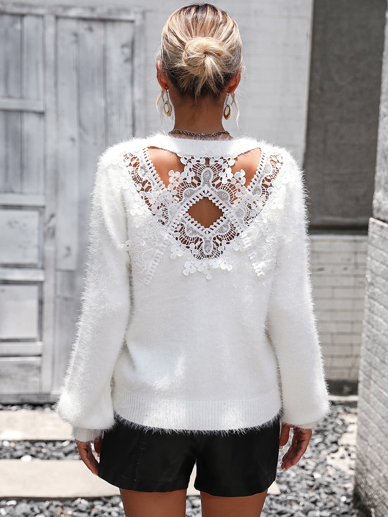 Lace Detail Cutout Pullover Sweater - Whiicka