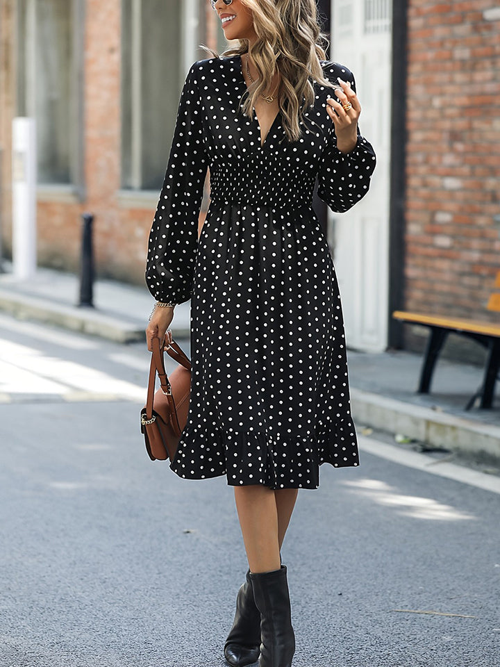 Polka Dot V-Neck Ruffle Hem Dress - Whiicka