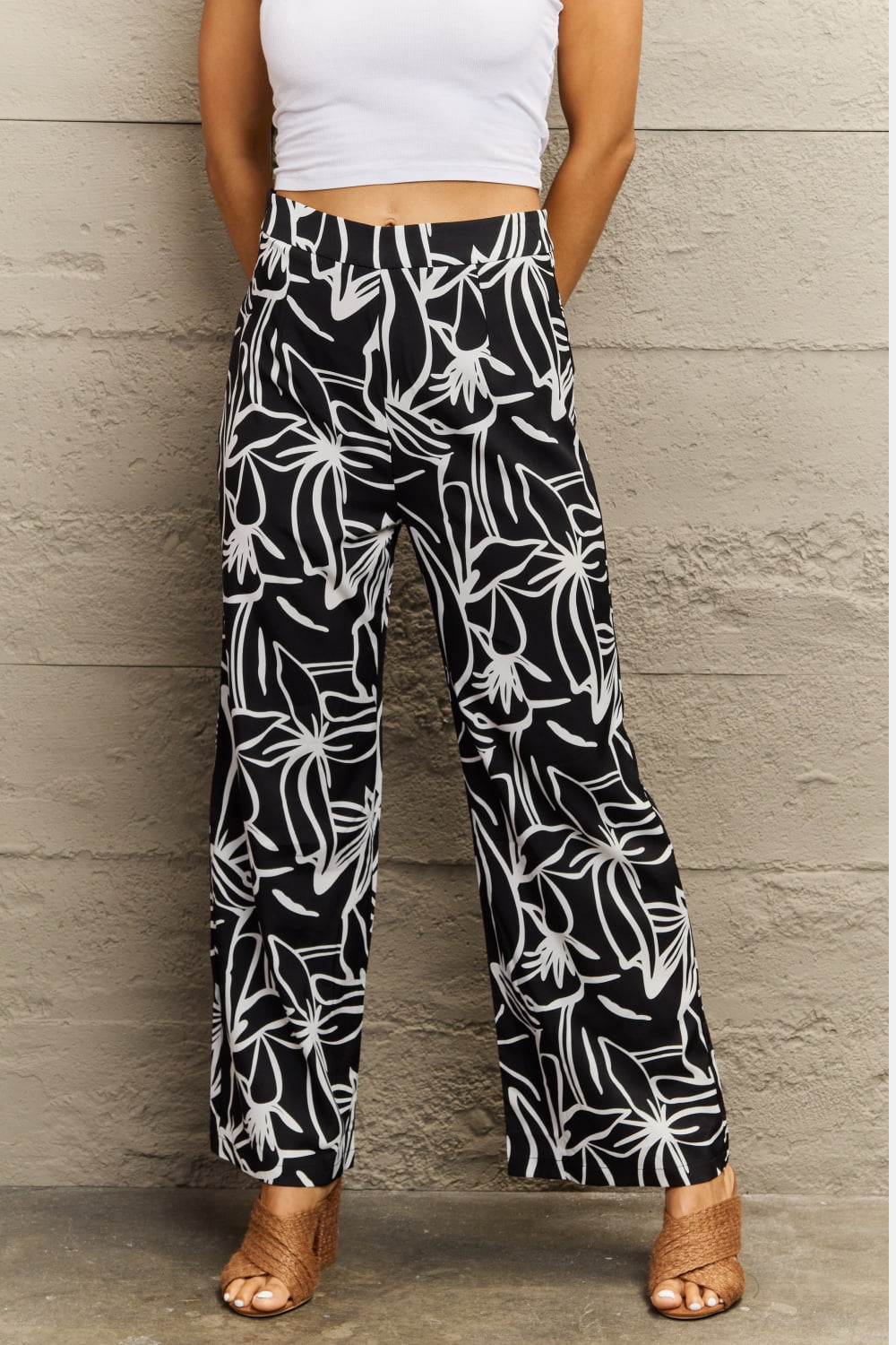 Flower Print Wide Leg Pants - Whiicka