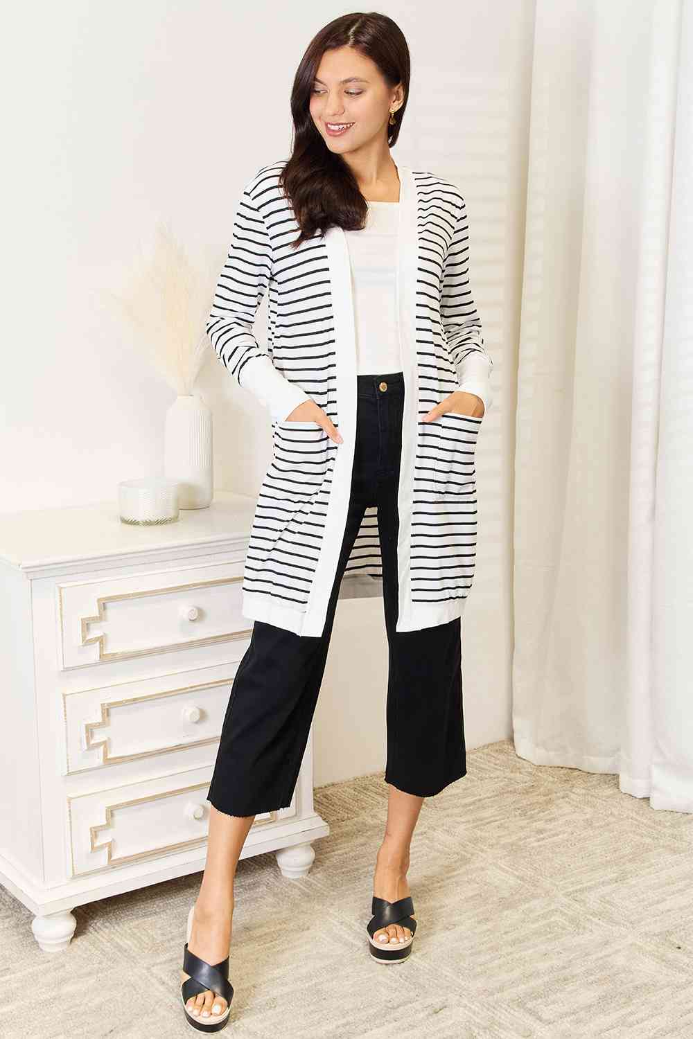 Striped Open Front Longline Cardigan - Whiicka