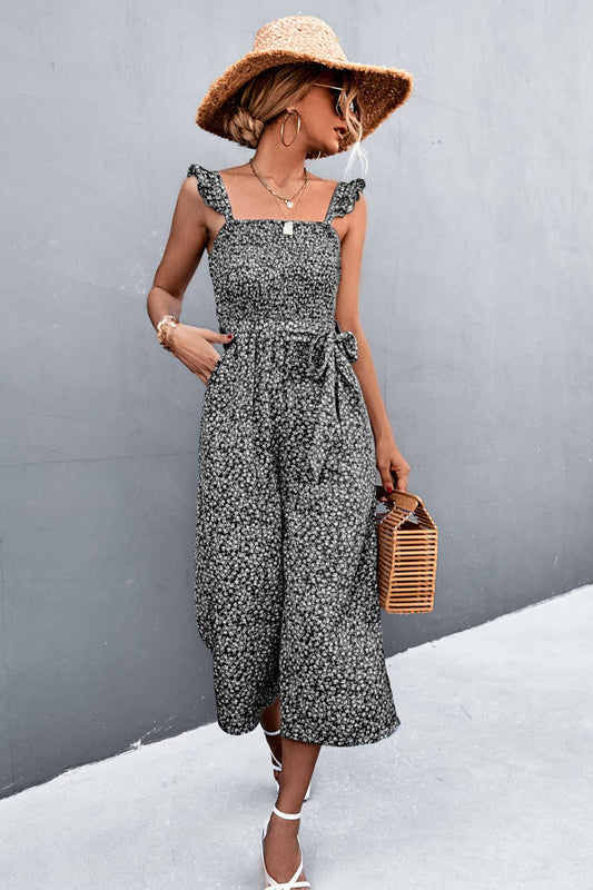 Printed Ruffle Strap Smocked Belted Jumpsuit - Whiicka