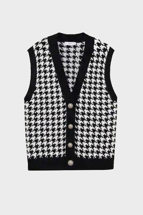 Houndstooth Button Front Sweater Vest - Whiicka