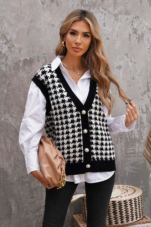 Houndstooth Button Front Sweater Vest - Whiicka