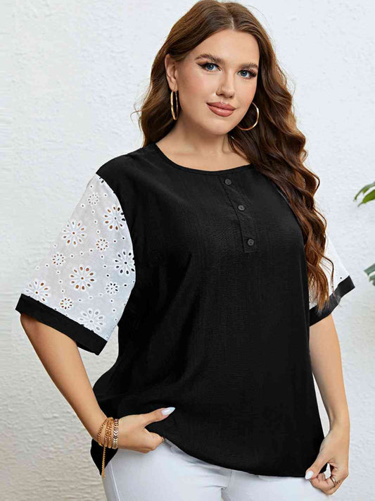 Plus Size Button Half Sleeve Top