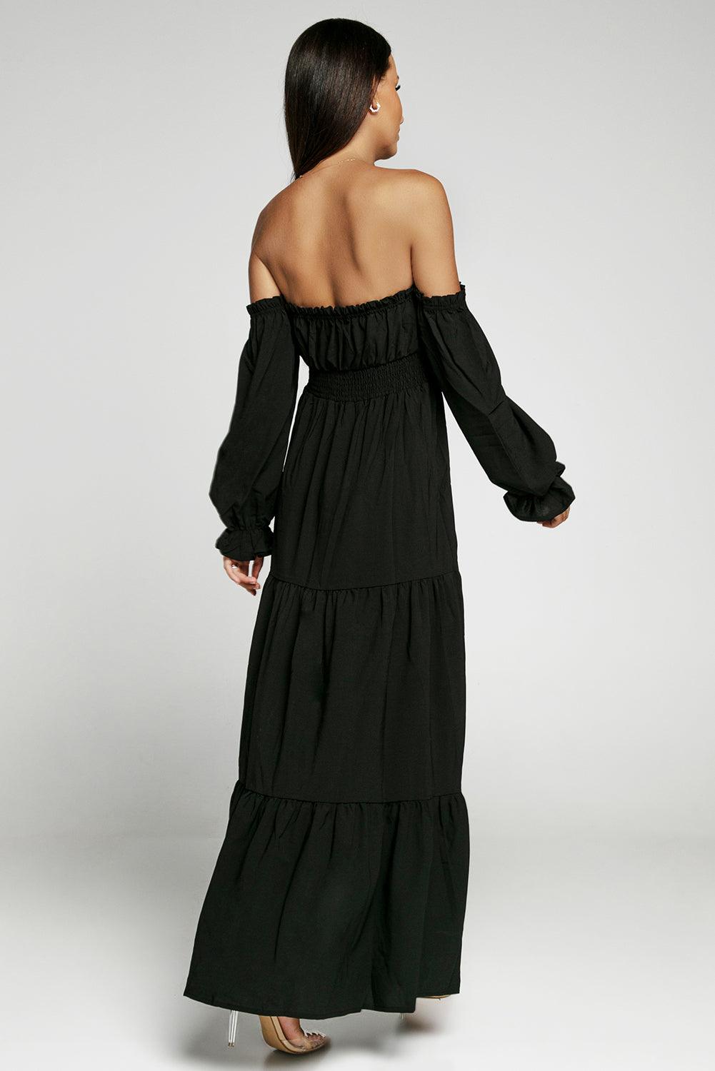 Off-Shoulder Smocked Split Tiered Maxi Dress - Whiicka