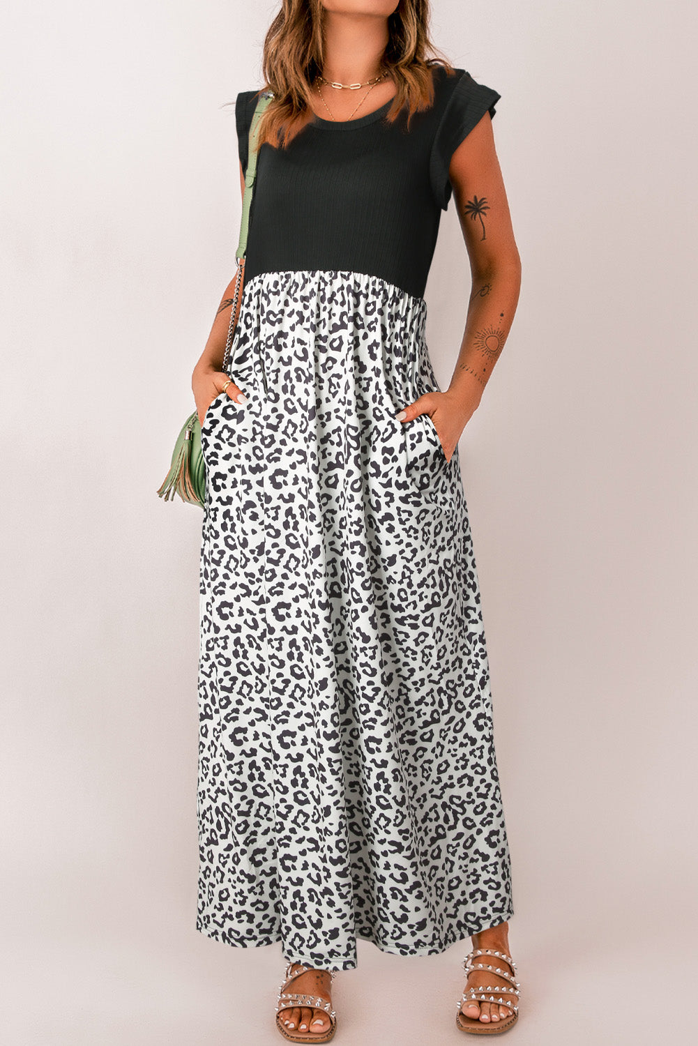 Leopard Print Maxi Dress with Pockets - Whiicka