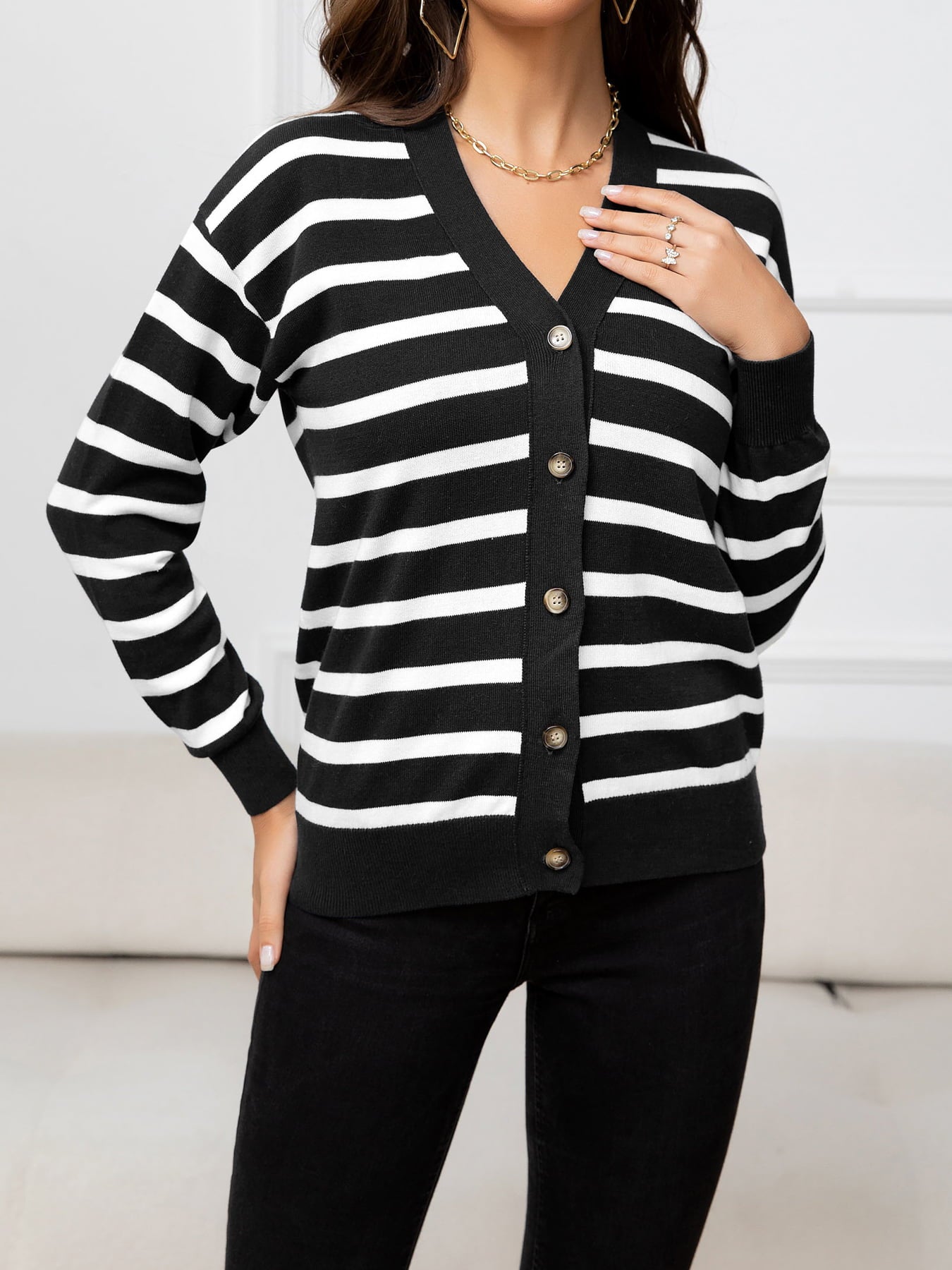 Striped V-Neck Knit Top - Whiicka