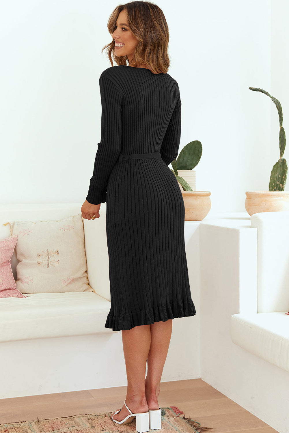 Ribbed V-Neck Tie Waist Pencil Dress - Whiicka