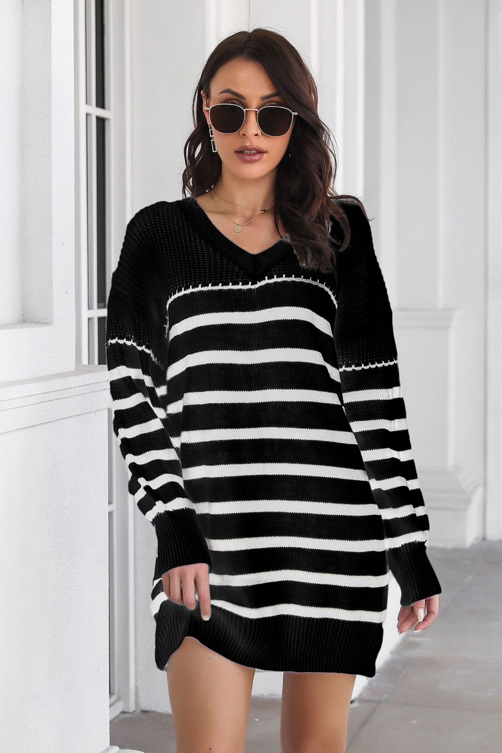 Striped Drop Shoulder Sweater Dress - Whiicka