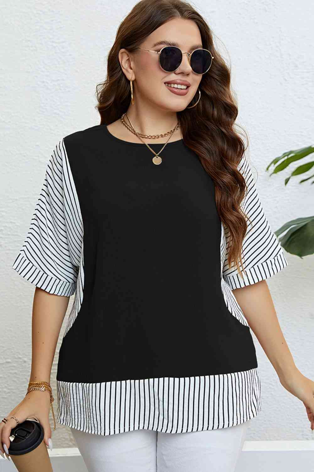 Plus Size Striped Half Sleeve Top