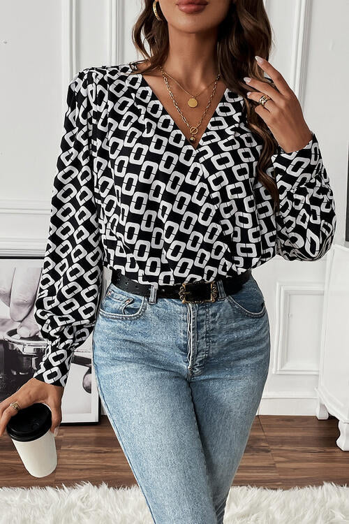 Geometric V-Neck Long Sleeve Blouse - Whiicka