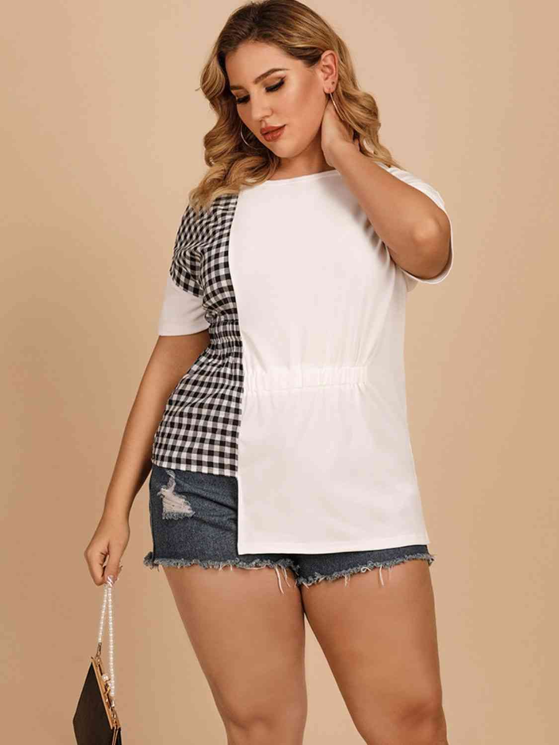 Plus Size Checkered Asymmetrical T-Shirt