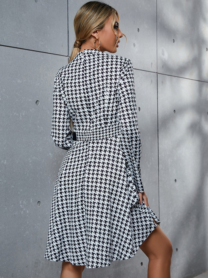 Houndstooth Long Sleeve A Line Dress - Whiicka