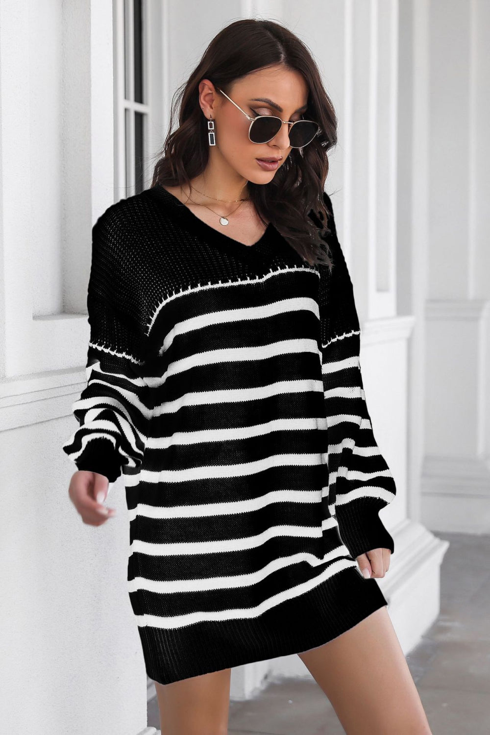 Striped Drop Shoulder Sweater Dress - Whiicka