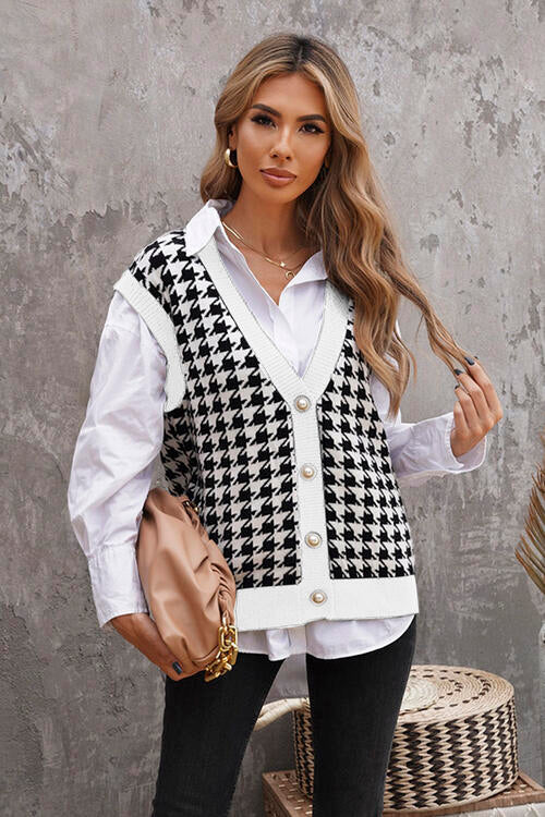 Houndstooth Button Front Sweater Vest - Whiicka