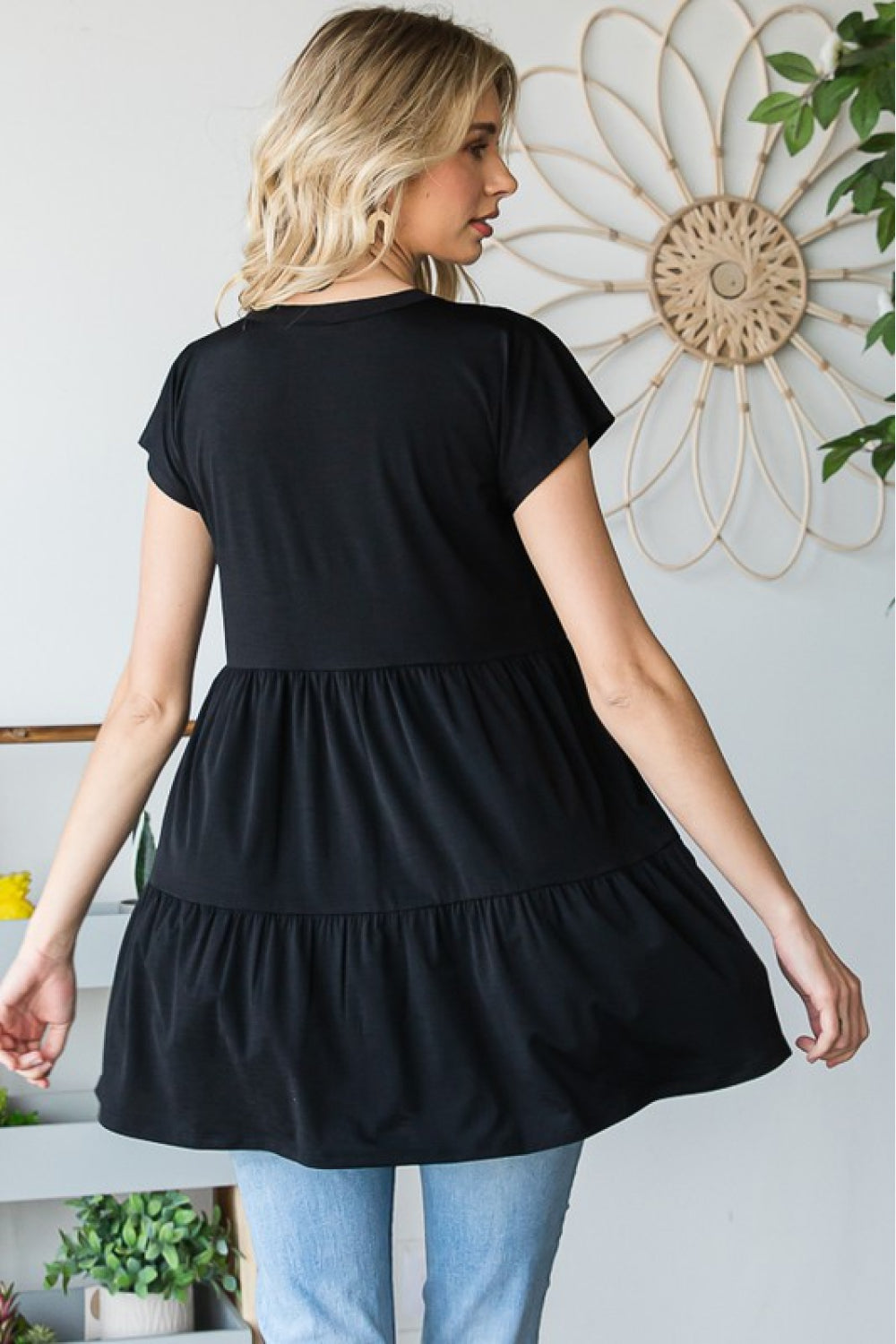 Black Buttoned V-Neck Tiered Top - Whiicka