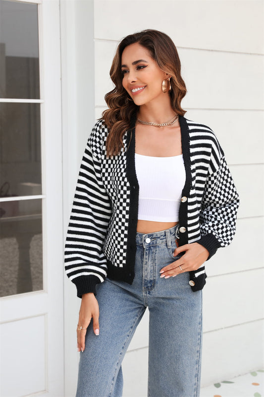 Stripe & Plaid Button-Down Cardigan - Whiicka