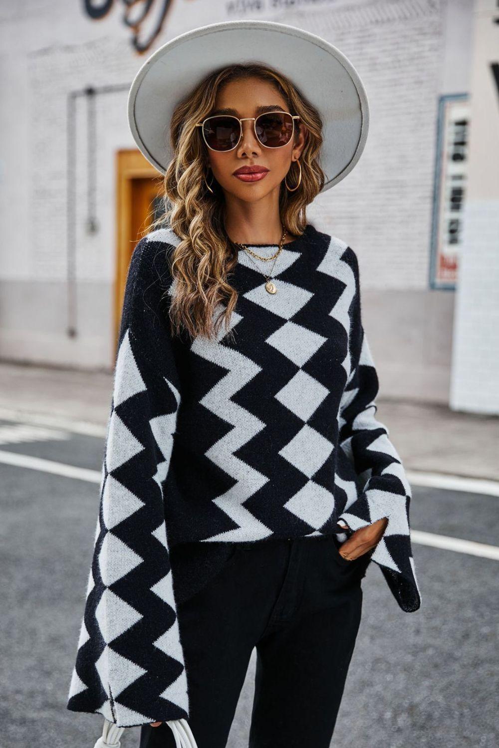 Geometric Slit Flare Sleeve Round Neck Sweater - Whiicka