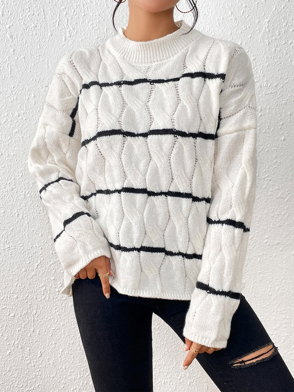 Striped Cable-Knit Sweater - Whiicka