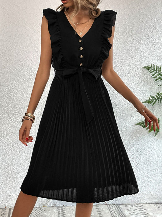 Black Buttoned Ruffle Trim Belted Pleated Dress - Whiicka