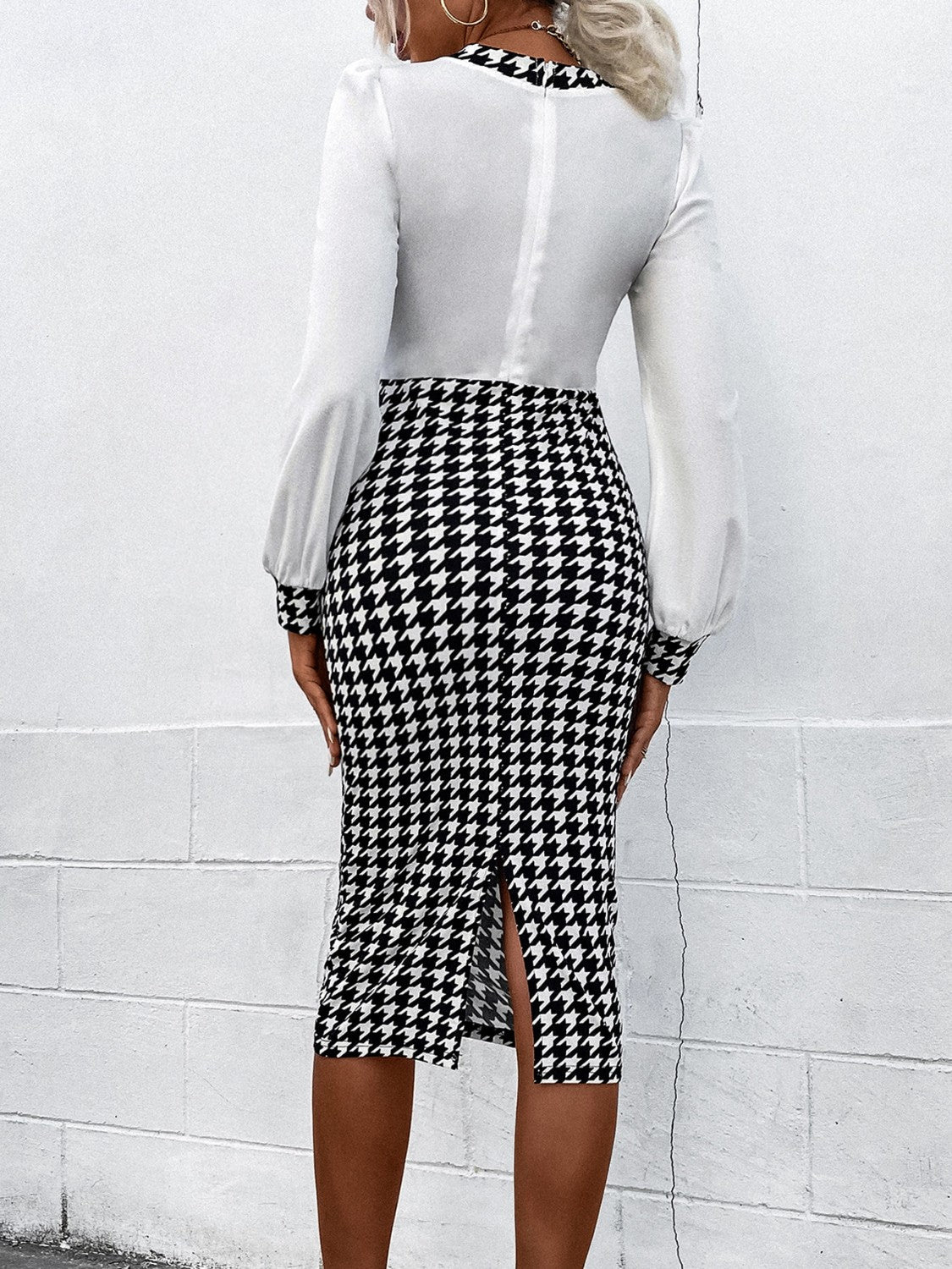 Houndstooth Long Sleeve Slit Dress - Whiicka