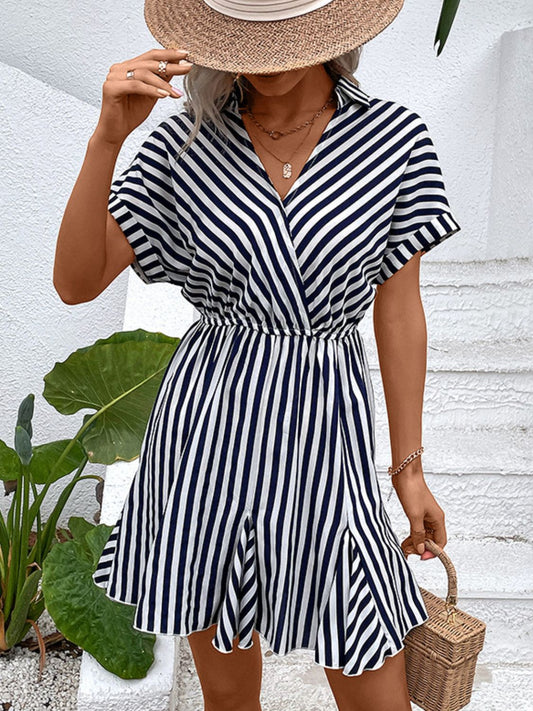 Striped Johnny Collar Mini Dress - Whiicka