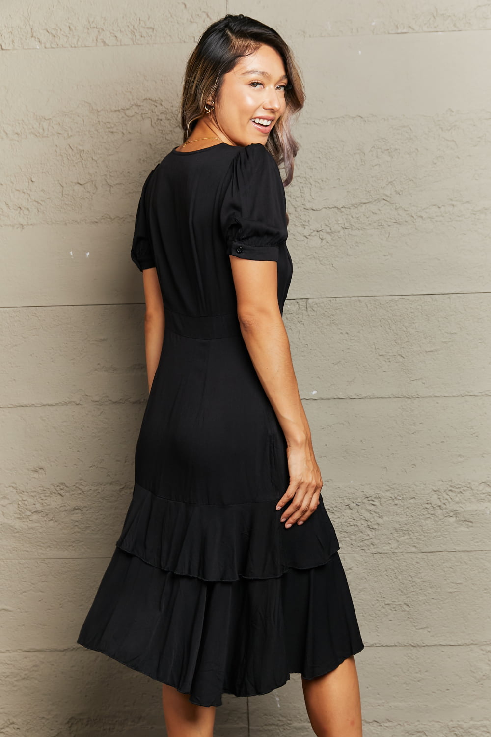 Decorative Button Ruffle Hem Dress - Whiicka