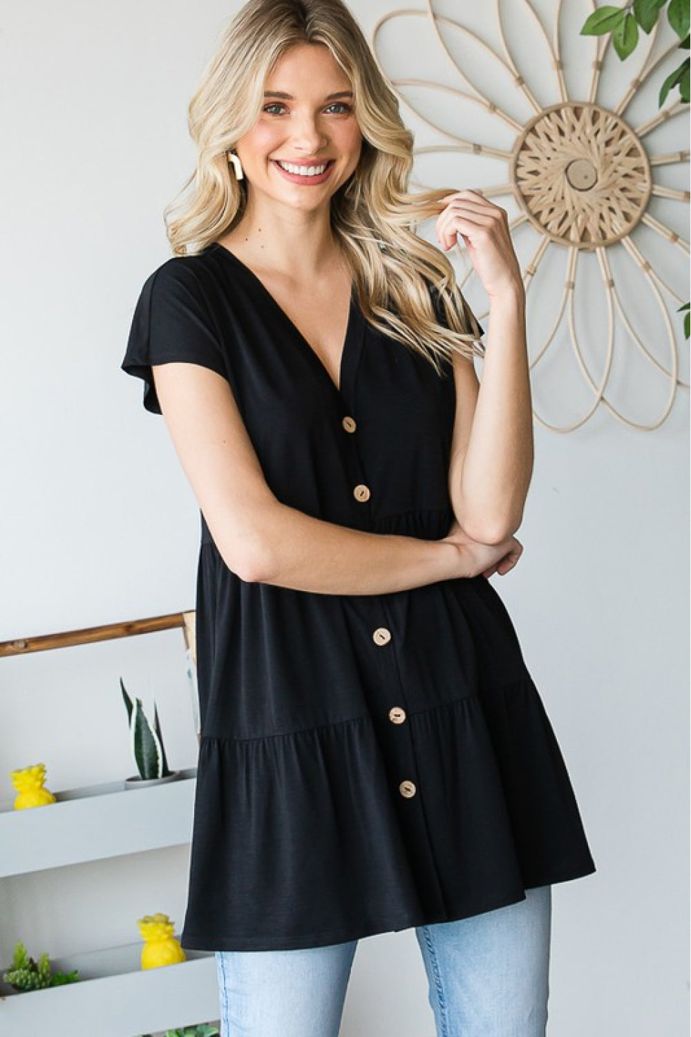 Black Buttoned V-Neck Tiered Top - Whiicka