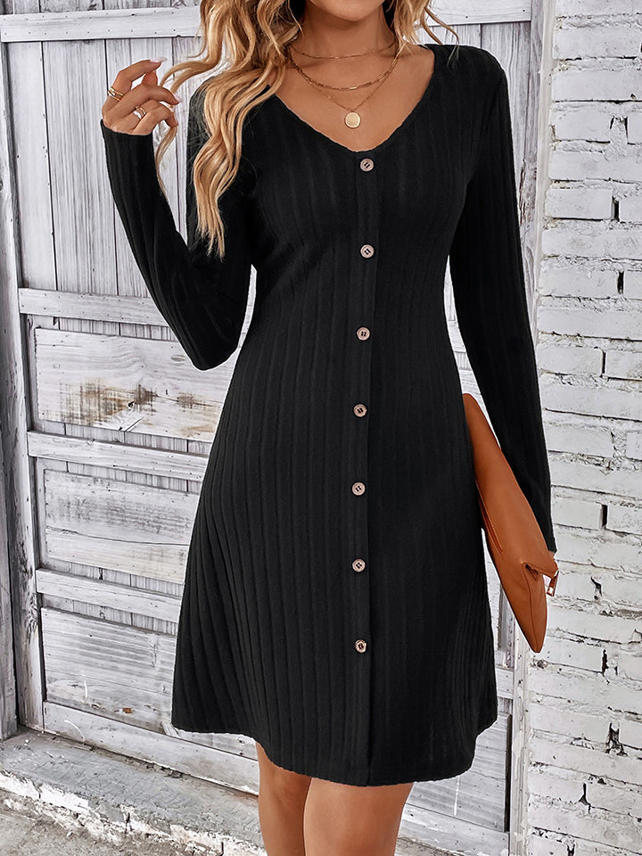 V-Neck Long Sleeve Mini Dress - Whiicka