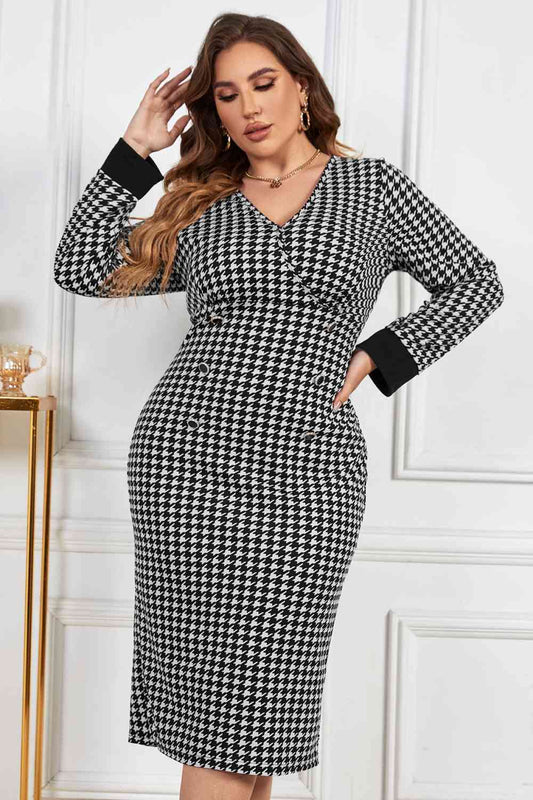 Plus Size Hound's-tooth V-Neck Midi Dress