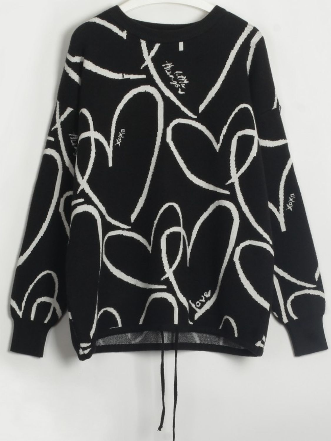 Heart Pattern Drawstring Hem Sweater - Whiicka