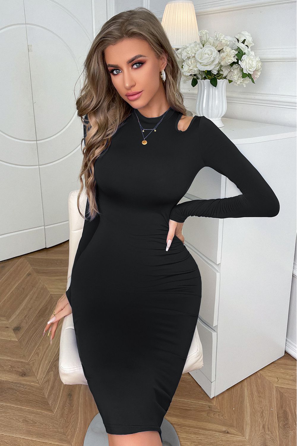 Cutout Long Sleeve Pencil Dress - Whiicka