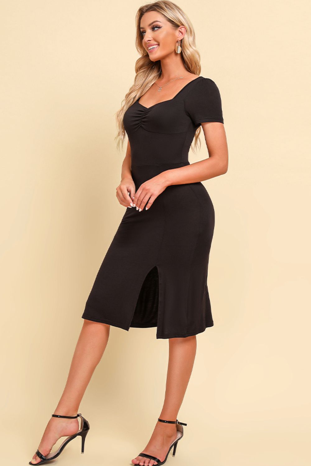 Ruched Sweetheart Neck Slit Dress - Whiicka