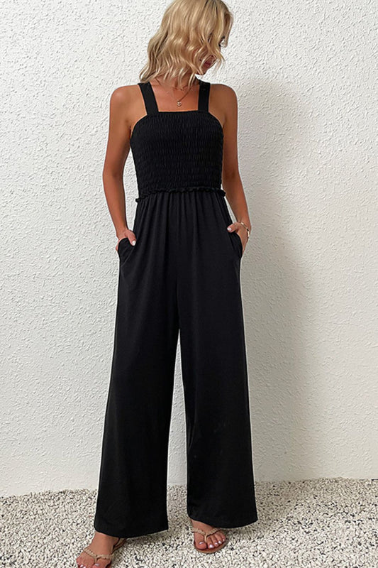 Smocked Sleeveless Wide Leg Jumpsuit with Pockets - Whiicka