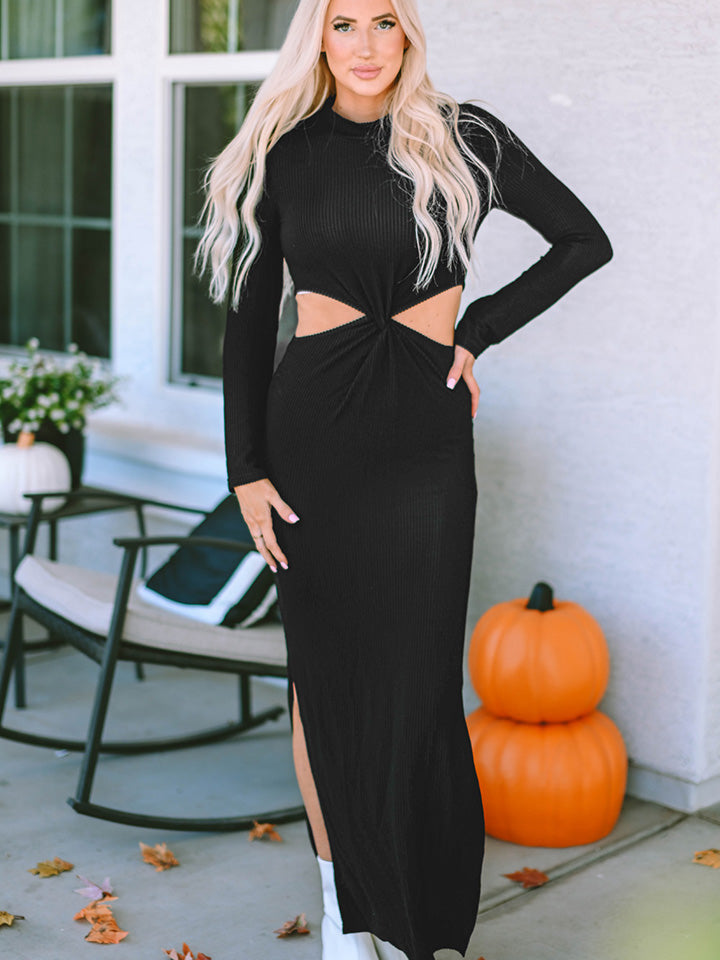 Cutout Long Sleeve Slit Maxi Dress - Whiicka