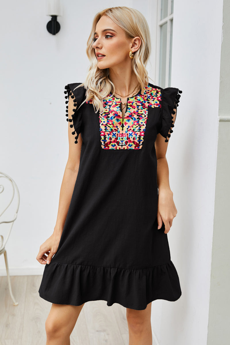 Graphic Embroidered Ruffle Hem Dress - Whiicka