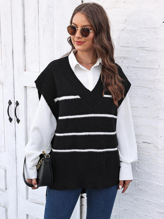 Striped V-Neck Sweater Vest - Whiicka