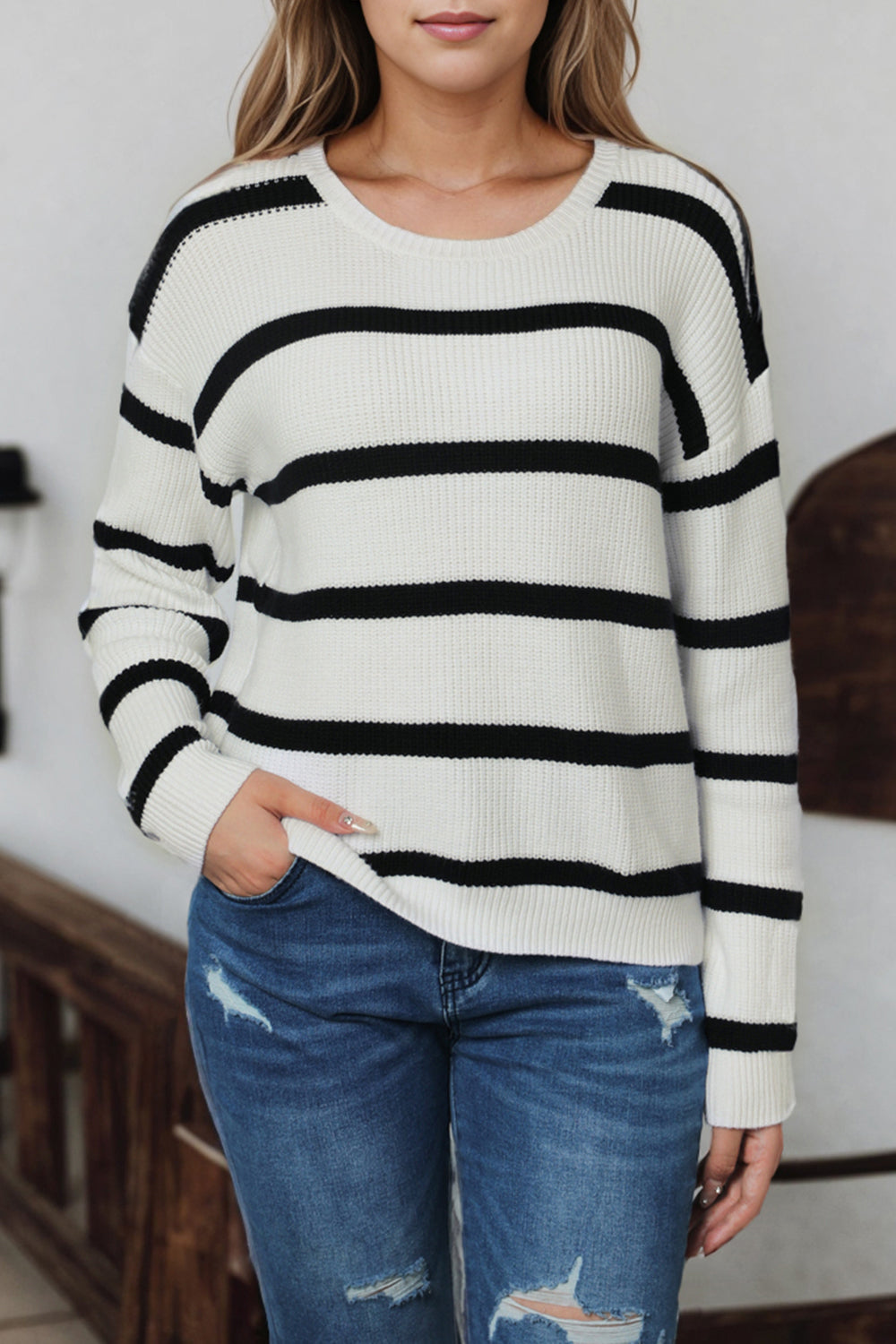 Striped Drop Shoulder Sweater - Whiicka