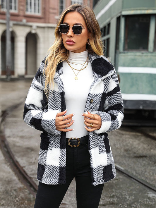 Plaid Collared Neck Button Down Jacket - Whiicka