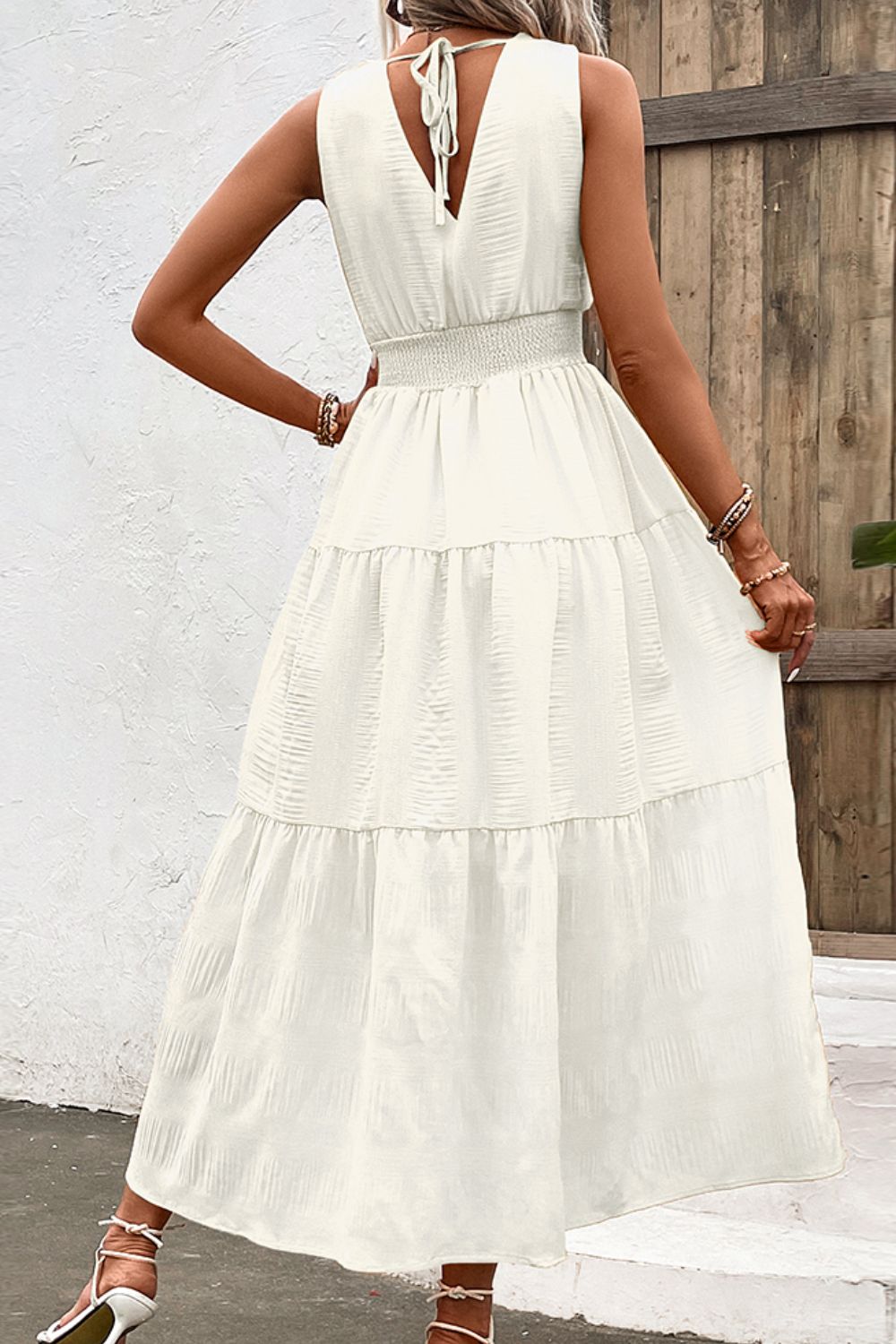 V-Neck Smocked Waist Tiered Dress - Whiicka